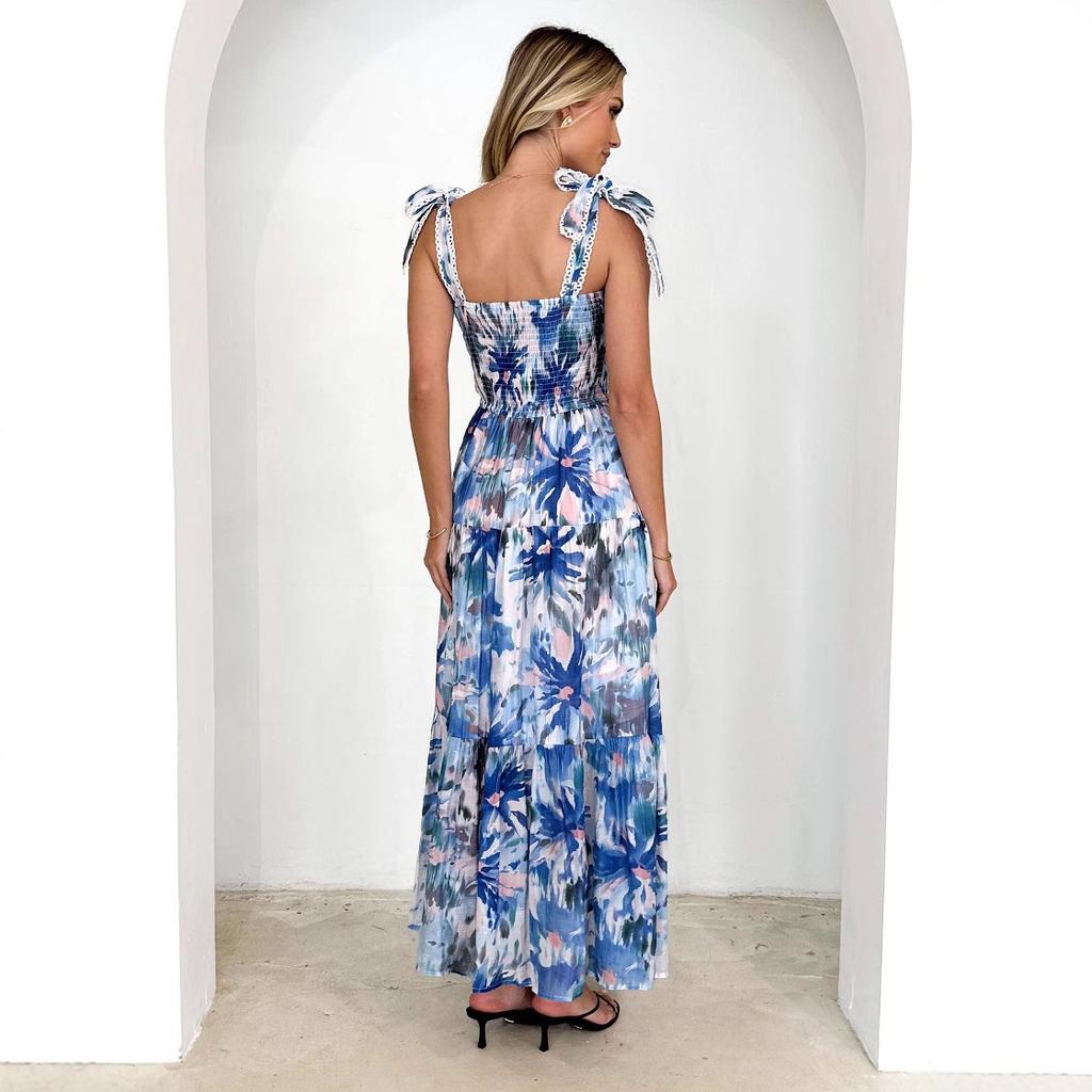 Spring and Summer Women's Clothing Suspender, Elastic Waist, Shoulder Strap, Big Pendulum, Long Printed Dress, Skirt Women