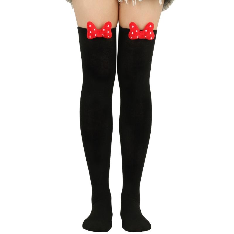 Calze lunghe da donna carine con fiocco 3D sopra il ginocchio, stampa a righe festive di Natale, calze alte sulla coscia con cartoni animati, calzetteria da festa