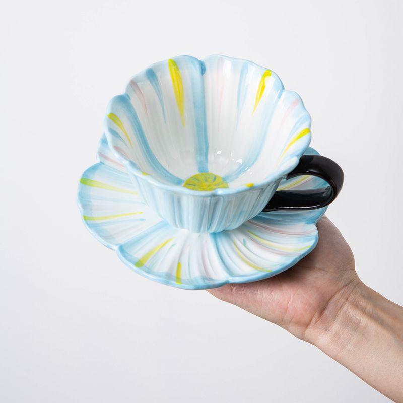 Keramik-Kaffeebecher und Untertassen, handbemalte Blumen, handbemalte unregelmäßige Tassen und Untertassen, hochwertige Frühstückstassen