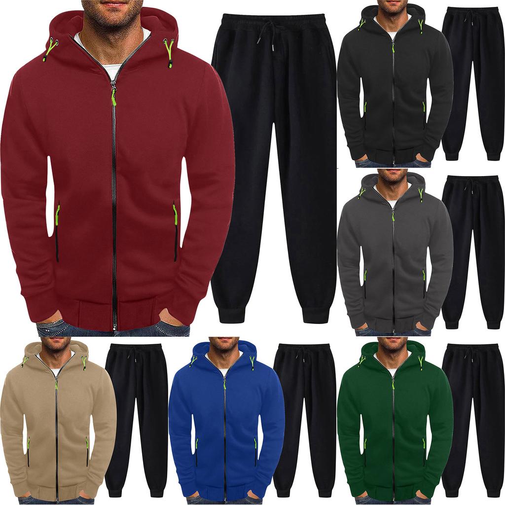 Men's Solid Color Padded Long Sleeve Sweatshirt Long Pants Set Standing Collar Hooded Sports Sweatshirt + Sweatpants