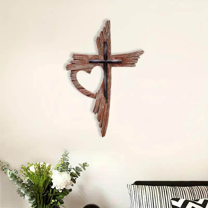 Vintage Wooden Cross Wall Hanging - Rustic Religious Art Decor For Easter, Handcrafted Farmhouse Or Church Home Decoration