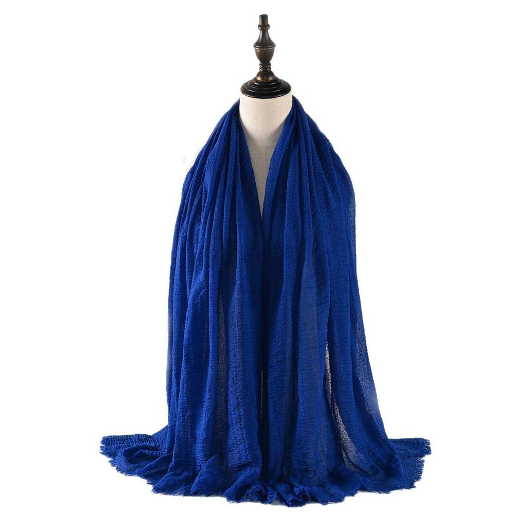 Crinkled Cotton-Linen Blend Scarf with Fringe - Solid Color, 90x180cm, Women's Headscarf