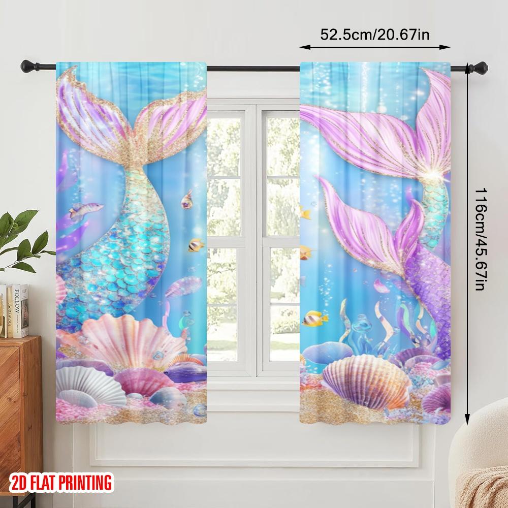 2pcs,2D plane printing Curtains&Window Treatment Mermaid Lagoon 100% Polyester (without rod) Outdoor Decorations Use for