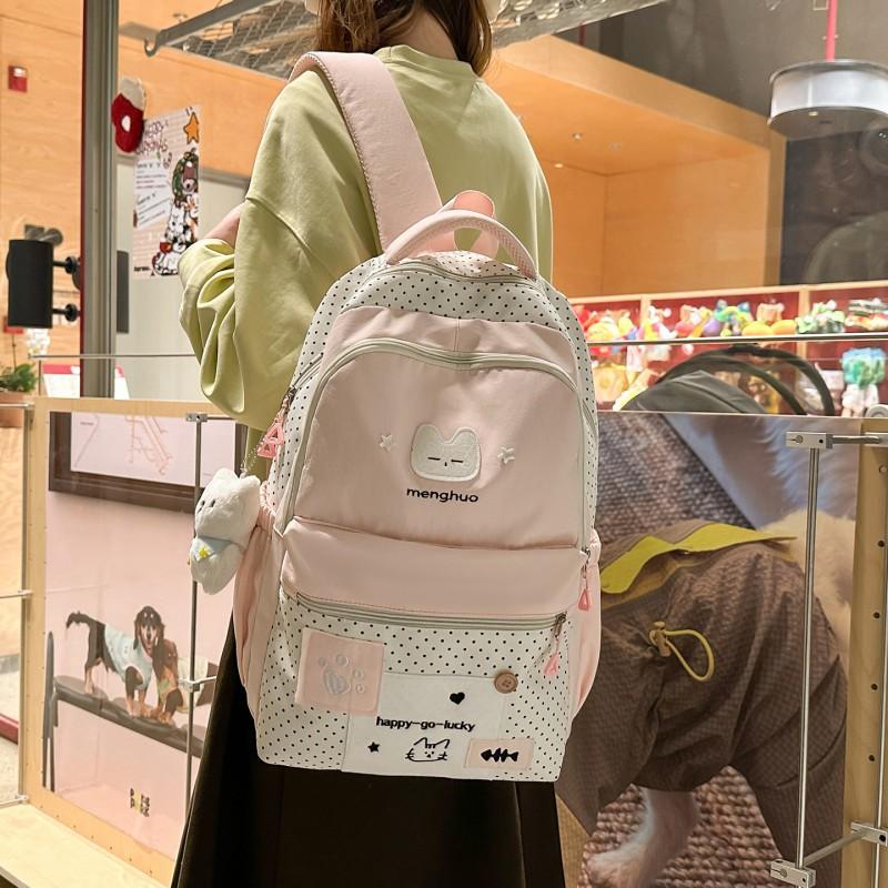 Cute Cat Student Backpack Female Japanese Small Fresh Embroidery Wave Dot Elementary School Schoolbag Travel