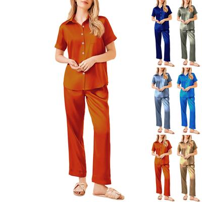 Einfarbiges Seiden-Pyjama-Set für Damen, zweiteiliger Pyjama mit kurzen Ärmeln und langen Hosen für Damen, Pyjama mit Knopfleiste und Hauskleidung