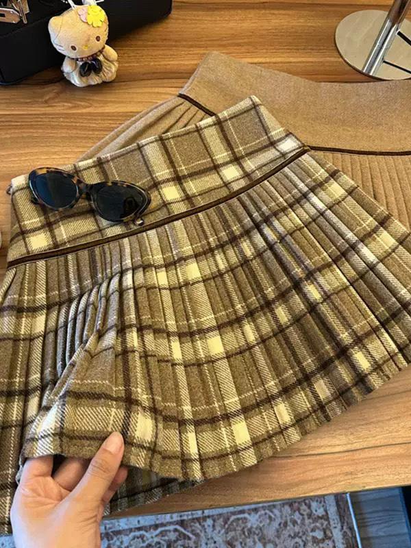 Women's High Waist Plaid Wool Skirt - Spring 2025 College Style Petite Skirt