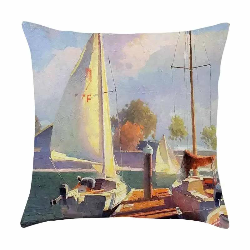 

Красивая Масляная Живопись Парус Парусный Спорт Пейзаж Принт Узор Наволочка для Подушки Домашняя Гостиная Диван Украшение Подушка 66x66cm