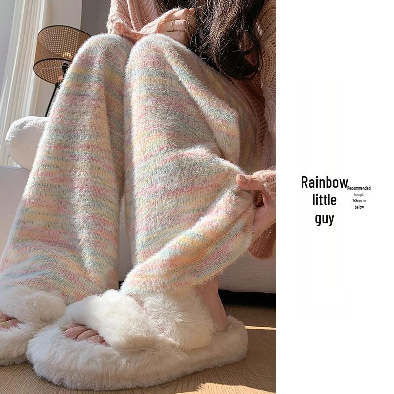 Women's Rainbow Bubble High Waist Fleece-Lined Pants - Autumn Winter 2024, Lazy Style, Drapey, Cotton, 145 Petite