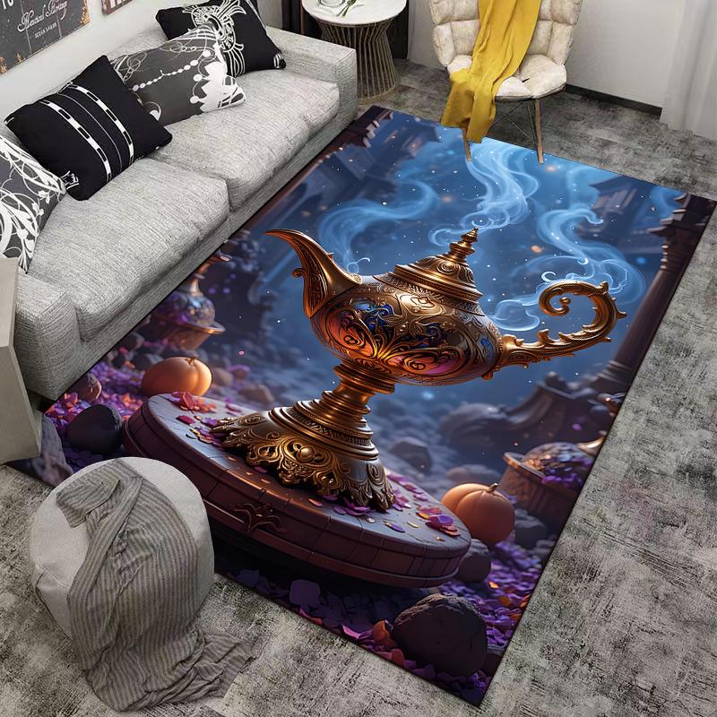 "Magical Gold Lamp Carpet with Mystical Blue Smoke Design" Suitable for use as an anti-slip for living room bedroom sofas