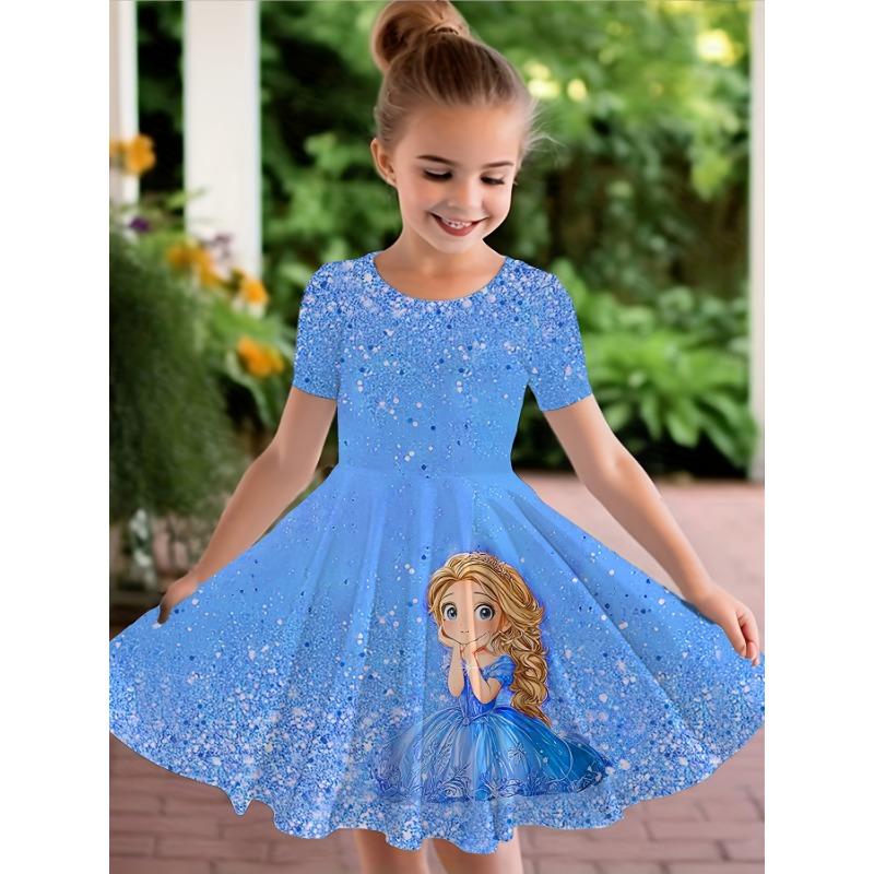 New Summer Girls' Short Sleeve Dress, Children's Cat Pattern Short Sleeve Clothing, Cartoon Flower Kitten Dress, Christmas Gift for Girls