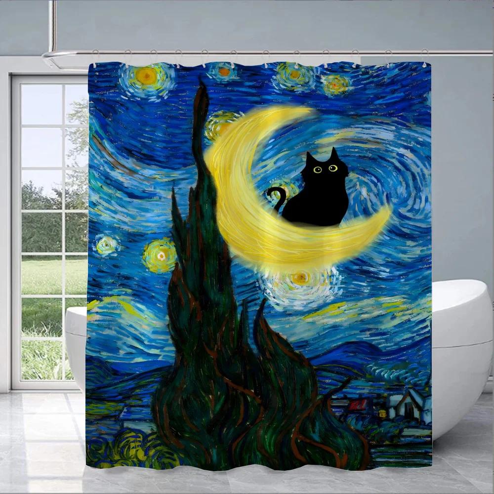 Black Cat Cover Curtain Cloth Curtains For Bathroom Shower Curtins Bath Waterproof Fabric Full 200X180 Funny Products Household