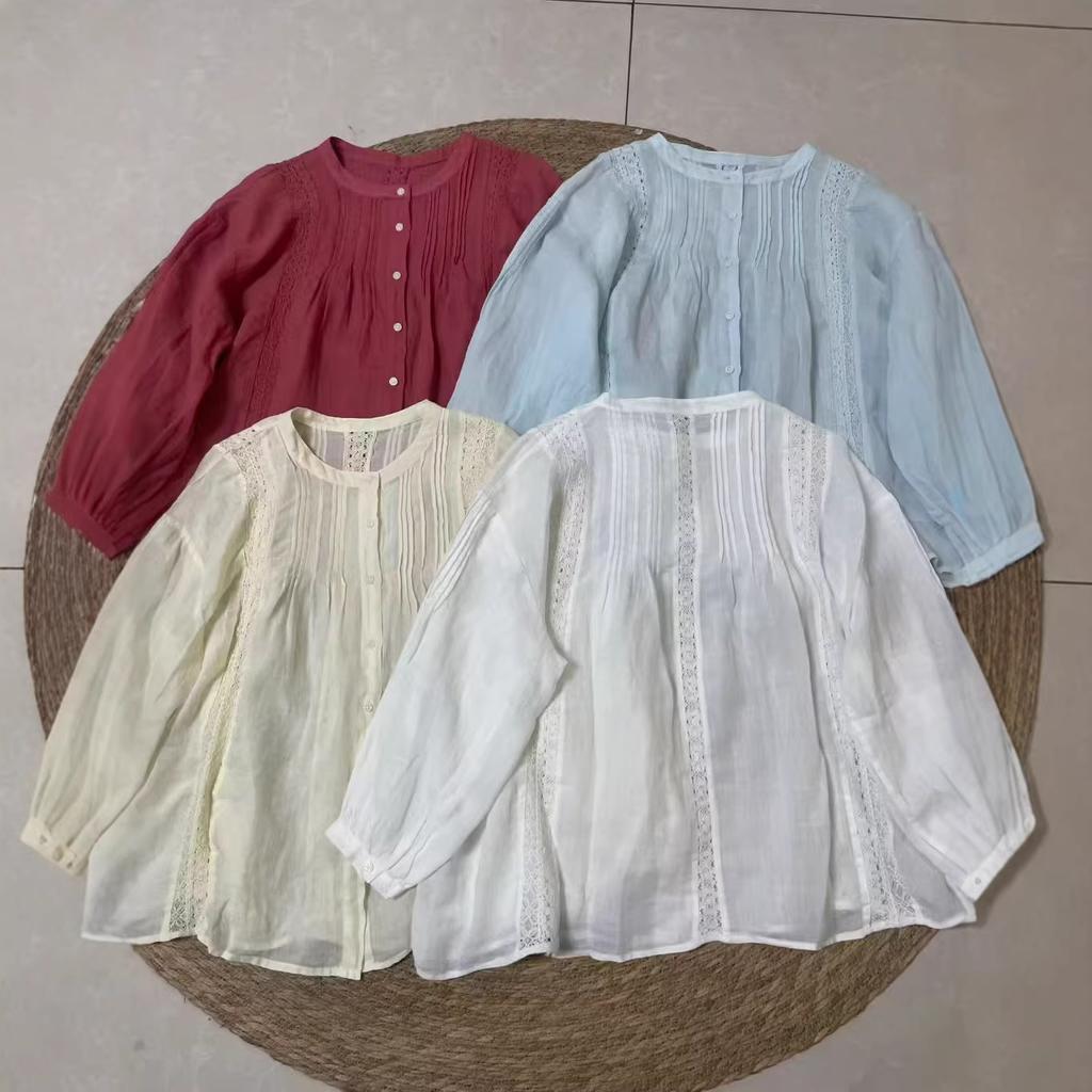 1116 Spring New Women's Crew Neck Japanese Ramie Top Cardigan Retro Ins Long Sleeve Shirt Literary Style