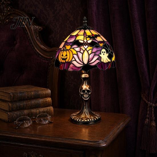 Gothic Night Lamp Halloween Pumpkin Ghost Table Light, USB Stained Glass Art Lightweight Light Lamp, Vintage Decorative Desk for Holiday Party Home