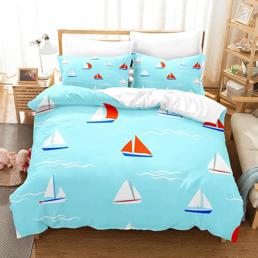 Cartoon Sailboat Bedding Set Nautical Duvet Cover King Size For Kids Boys Teens Blue Ocean Boat Theme Soft Polyester Quilt Cover