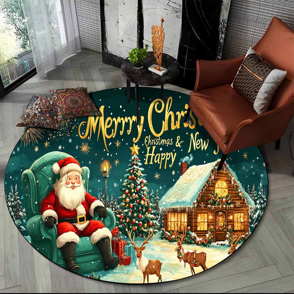 Cartoon Weihnachtsmann Frohe Weihnachten Schneemann Neujahr Runder Teppich für Schlafzimmer Wohnzimmer Sofadekoration, Dekor Bodenteppich