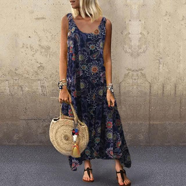 Women Summer Off Sholuder Round Neck Printed Big Swing Loose Casual Holiday Beach Long Dress