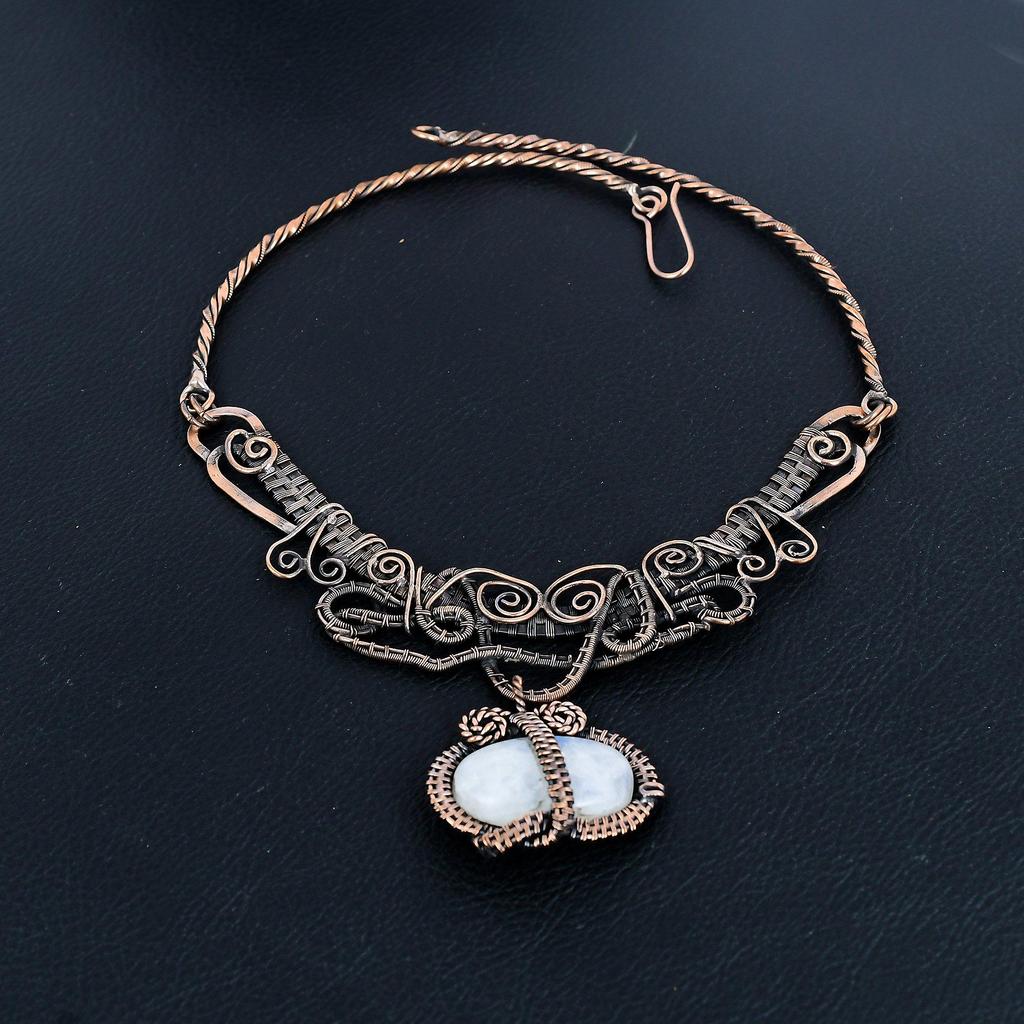Rainbow Moonstone Necklace Gemstone Jewelry, 999 Copper Wire Wrapped Necklace, Adjustable Handmade Beautiful Jewelry Chain Necklace