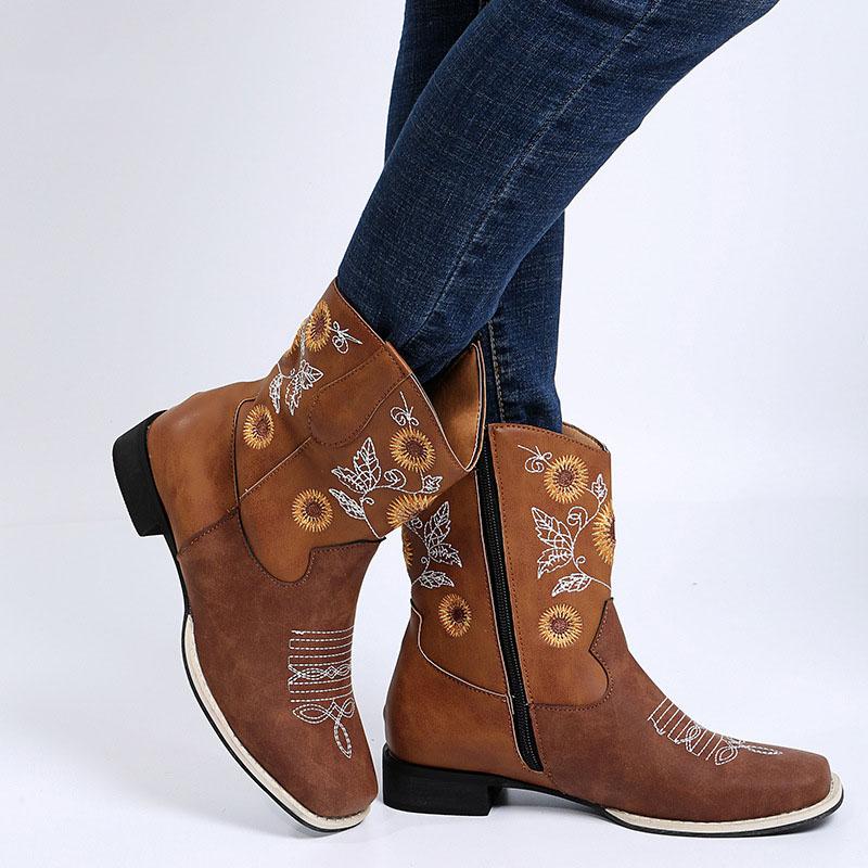 Plus Size Women's Mid Calf Boots 2026 Autumn European and American Style V Embroidery Sunflower Design Fashion Boots for Woman