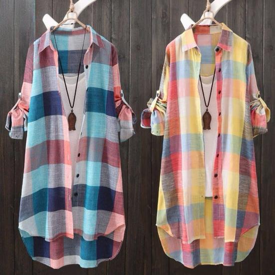 

Рубашка с клетчатым принтом, пальто, однобортная рубашка средней длины с длинными рукавами и отворотами, женская свободная повседневная рубашка, повседневная одежда M чёрный