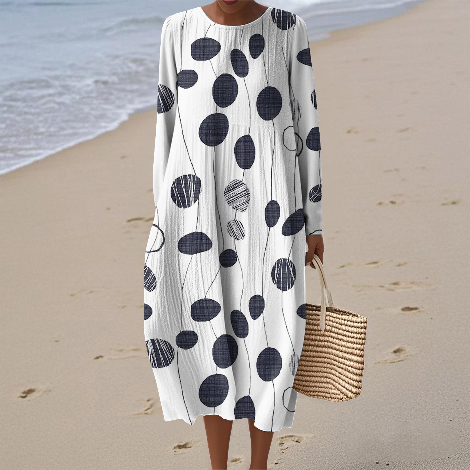 

Women s Fashionable Casual Long-Sleeved Round Neck Floral Print Zipper Dress L белый