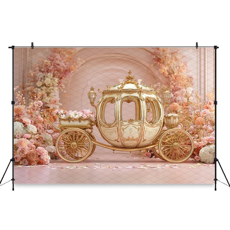 Mocsicka Wedding Photography Background Spring Flowers Golden Pumpkin Carriage Decorations Newborn Photo Backdrops Studio Banner