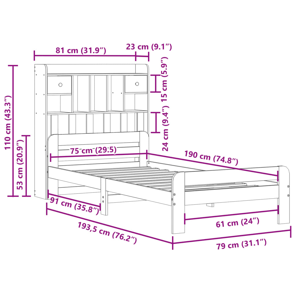 Solid Wood Bed with Shelf Without Mattress Wax Brown 75 x 190 cm