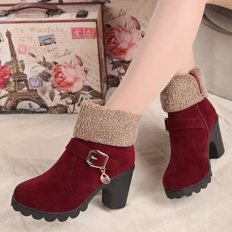 Modă Iarnă Cizme cu Toc Înalt Călduroase de Pluș Tocuri Pătrate Pantofi de Iarnă Cizme de Damă Modă de Marcă Cizme de Zăpadă de Gleznă 2024