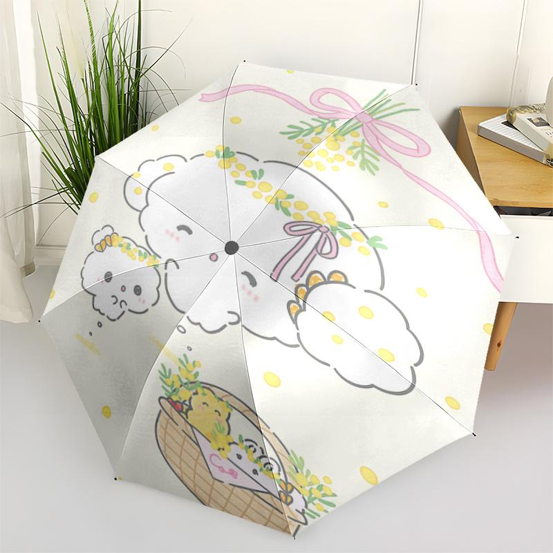 

1pc Mimosa Flower Crown with Pink Ribbon - Auto Open Close Umbrella, Portable Folding Design, 8-Bone Iron Frame Outdoor Umbrella, Festival Gift for Fa