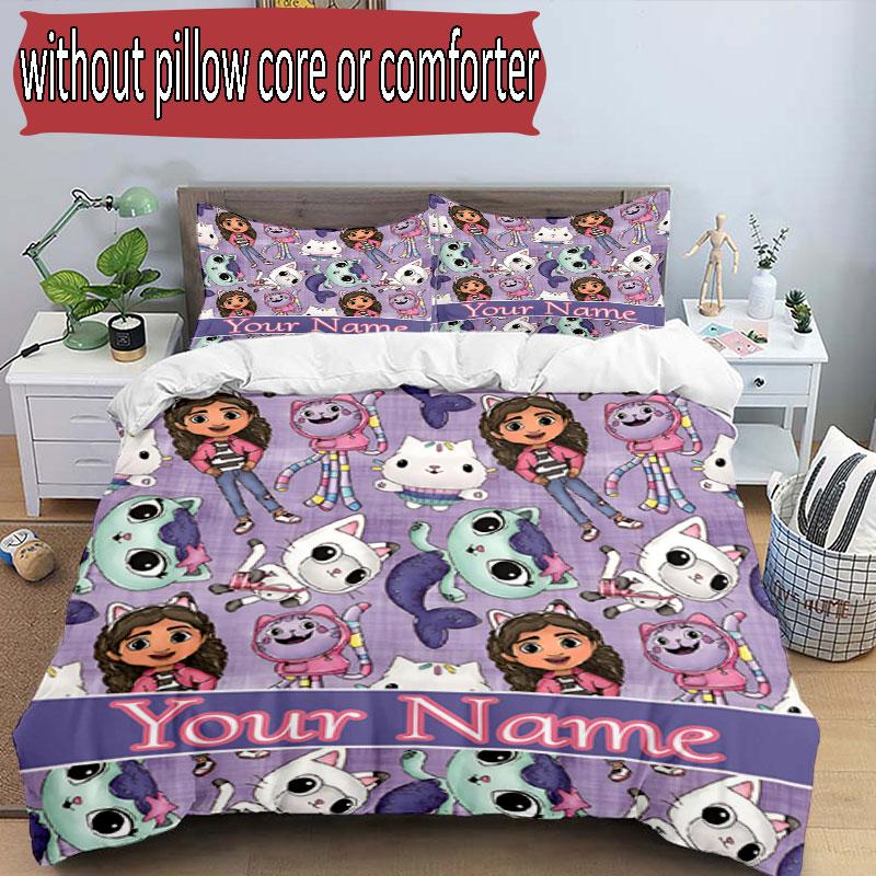 3pcs Duvet Cover Set (1*Duvet Cover + 2*Pillowcase, Without Core), Custom Name Gabby's Dollhouse Pattern Bedding Set, Home Bedroom Decor Gift