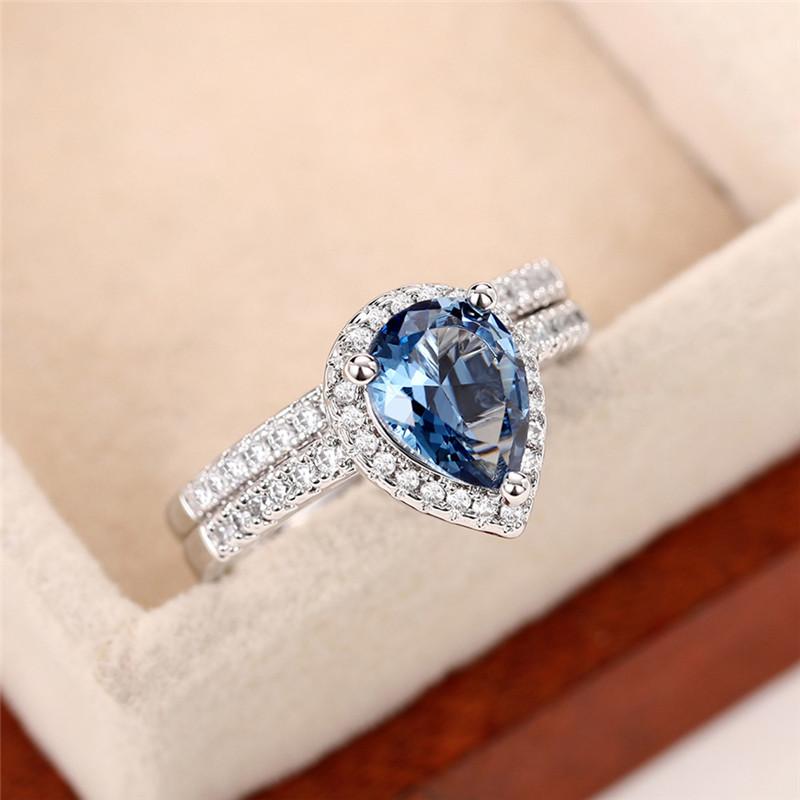 Elegant Pear Blue Cubic Zirconia Stylish Jewelry Women Bridal Wedding Occasion Rings Luxurious Engagement Event Gathering Accessories