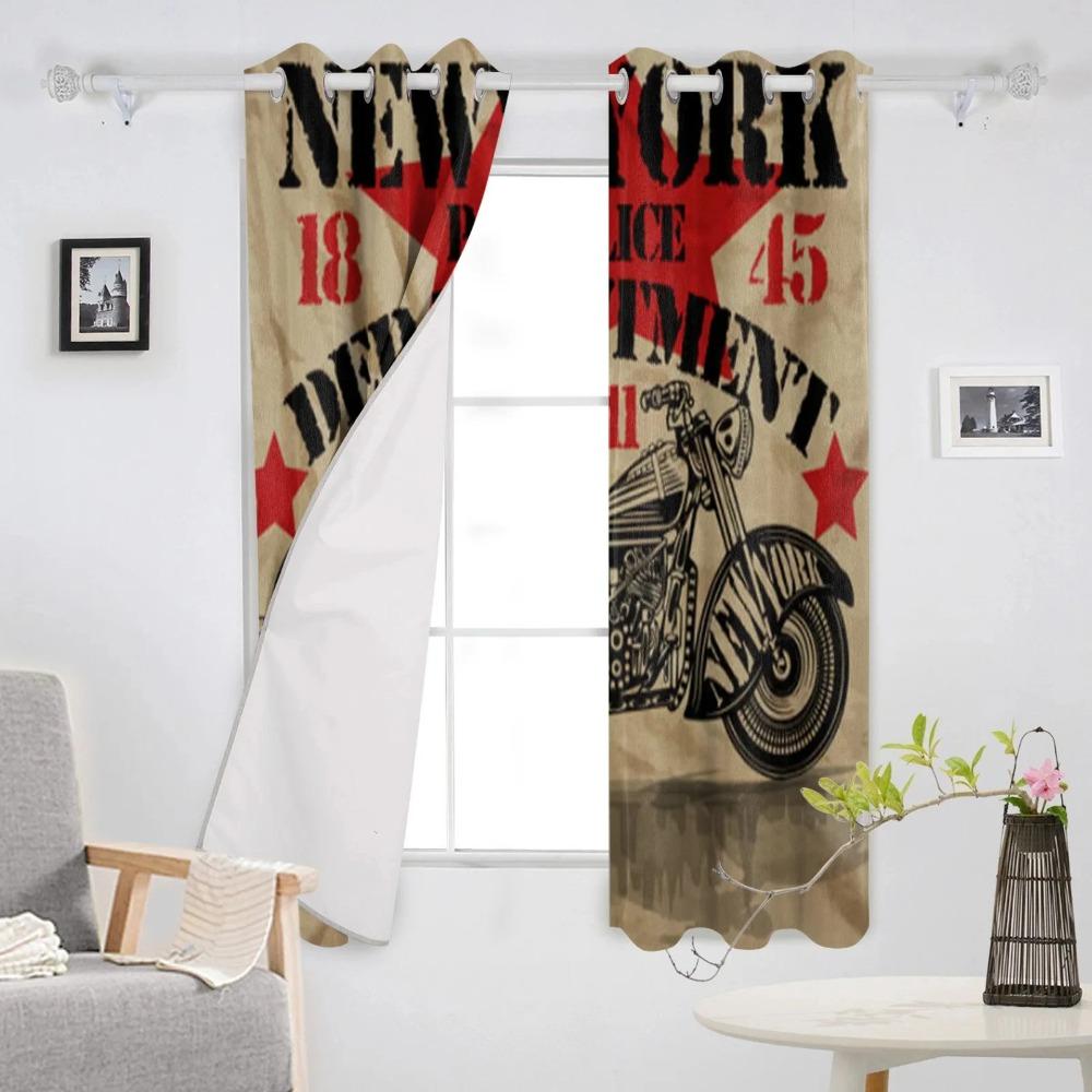 2 Panels Vintage Motorcycle Print Curtains for Bedroom Living Room Floor-to-ceiling Window Kitchen Blinds Cortinas Grommet Top