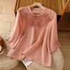 Spring and Summer New Seven-quarter-sleeved Cotton and Linen T-shirt Mori Women's Age-reducing Solid-color Embroidered Buckle Light Women's Top