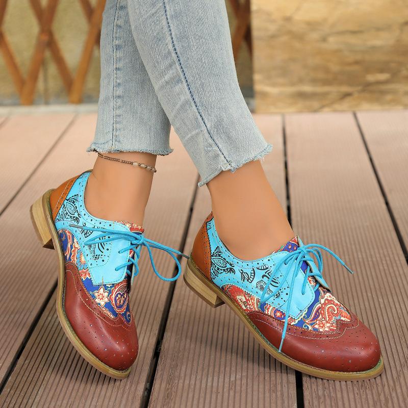 Retro ethnic style Brock single shoes color matching round head thick heel low heel front lace-up single shoes casual shoes 43 4190₽