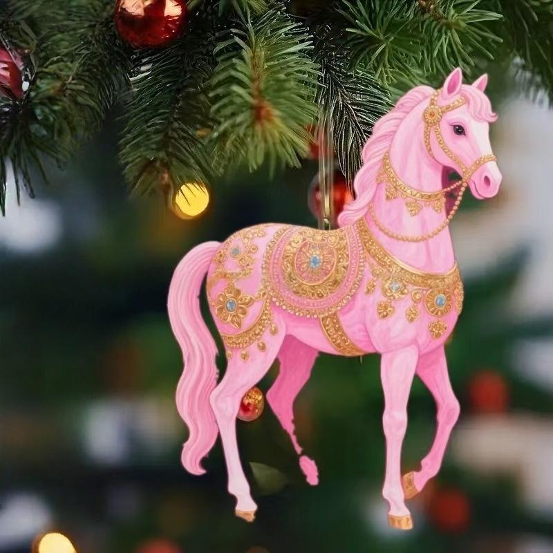 2D Acrylic Horse Car Rearview Mirror Pendant Charm Christmas Tree Backpack Hanging Ornament Party New Year Decoration Hanging