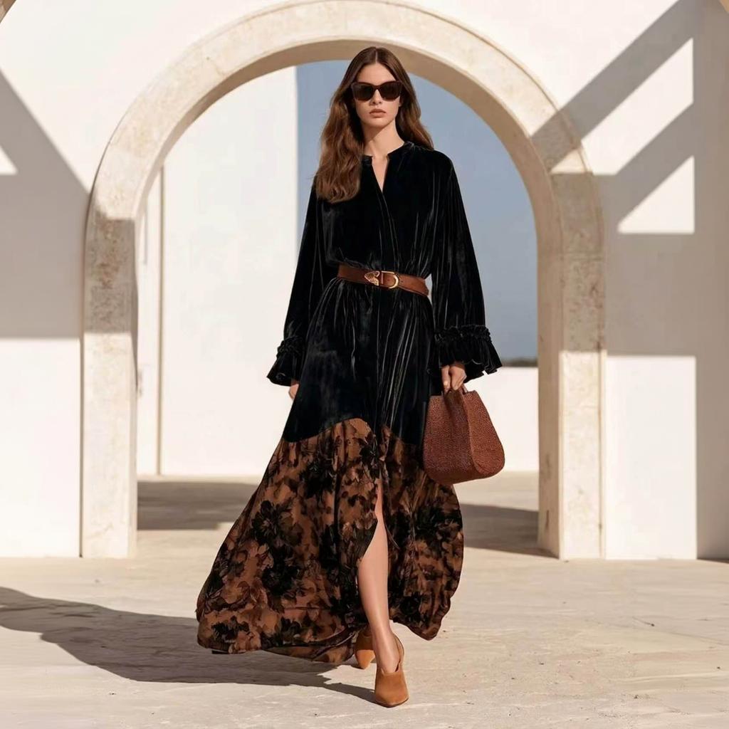 Women's Bohemian Vintage Ruffle Sleeve Velvet Panel Printed Dress for Casual Party Wear