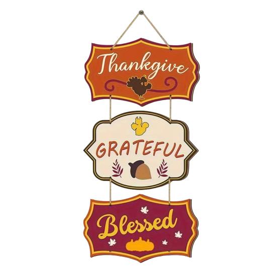 Wooden Door Sign, Farmhouse Autumn Hanging Decor  with Turkey Acorns, 3-Section Waterproof Porch Wall Sign, Prestrung Cotton Rope for Thanksgiving