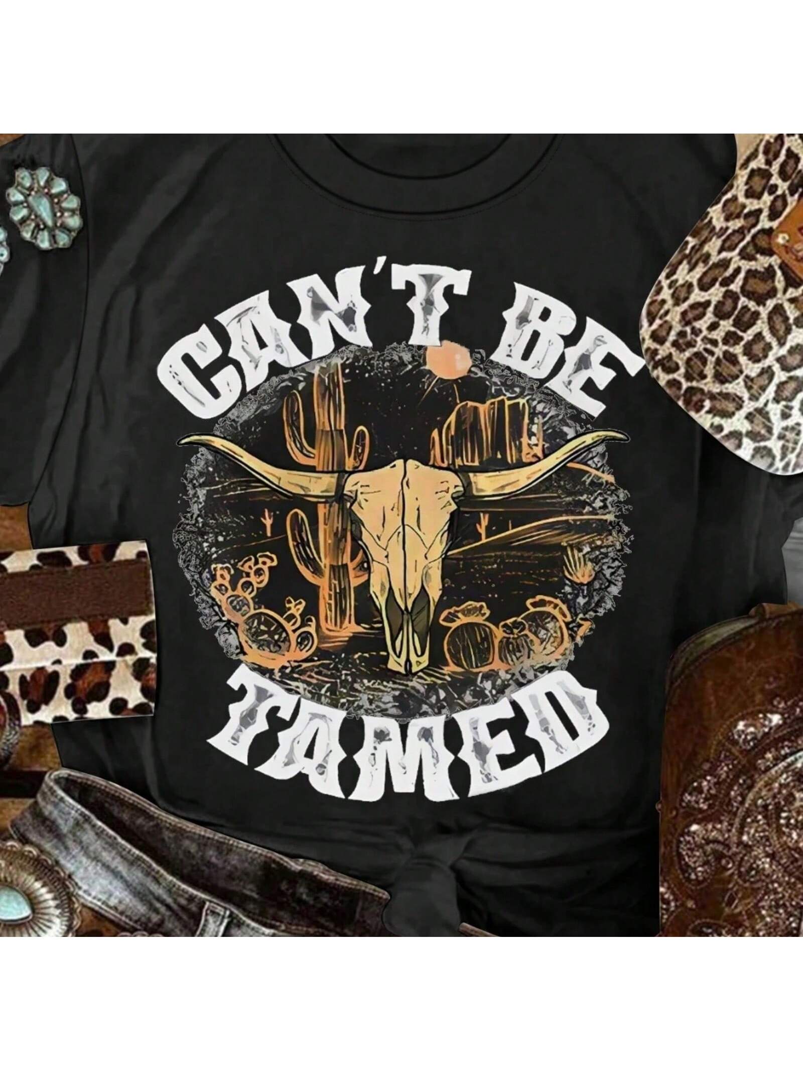 Wo Summer Round Neck Western Cowboy Printed Casual Short Sleeve T-Shirt CAN T BE TAMED Graphic Tees Wo unisex Tops S разноцветный