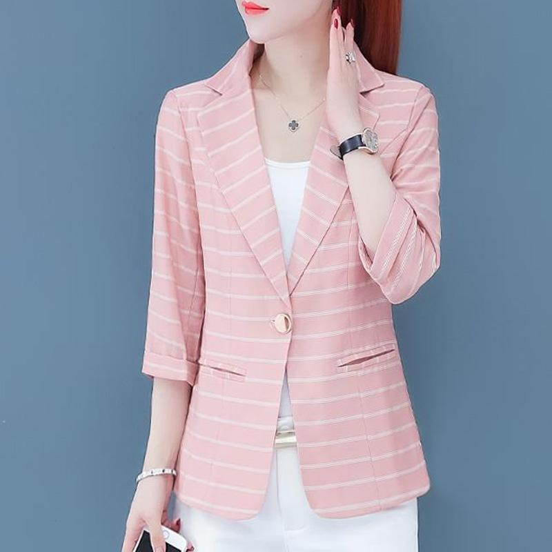 

2023 Новый Весенне-Летний Тонкий Модный Повседневный Простой Блейзер Три Четверти с Накладным Карманом в Полоску, Универсальный Женский S розовый