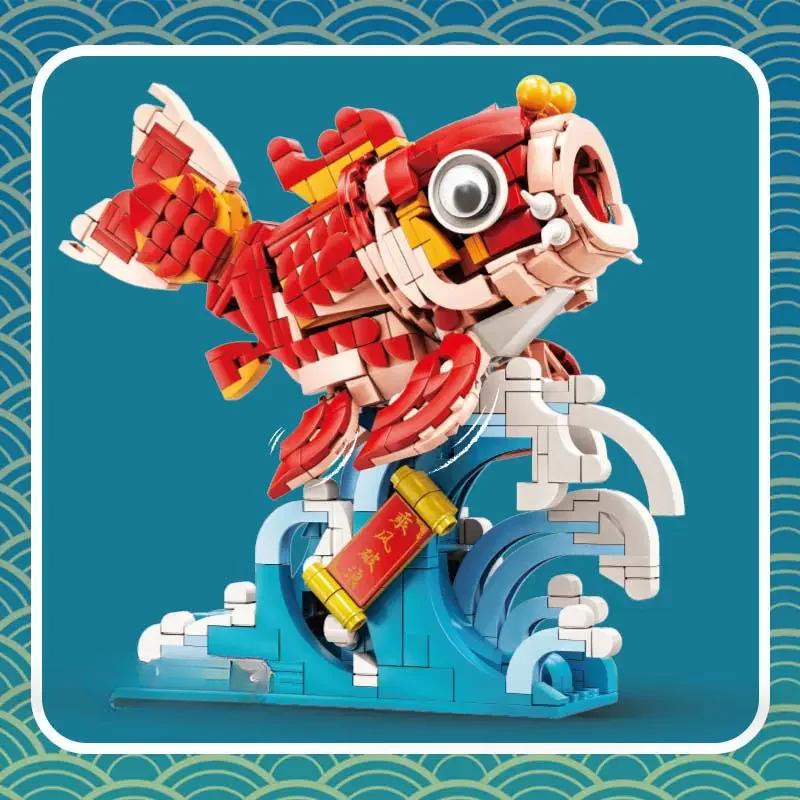 Szczęśliwa Ryba Kompatybilne Klocki Klocki Budowlane Styl Chiński Szczęśliwy Produkt Chiny Dekoracja Zmontowana Zabawka Prezent dla Chłopców i Dziewczynek