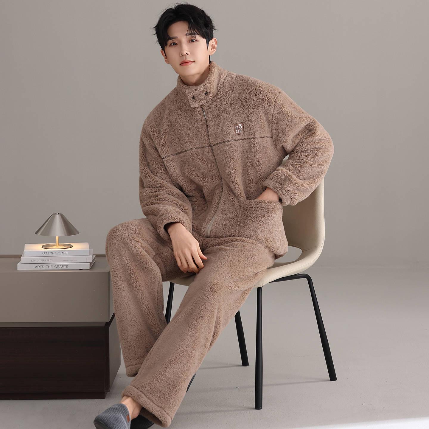 

Men s Winter Plush Cotton Velvet Pajama Set with Stand Collar and Zipper - Wearable Outdoors L 100-120 lbs