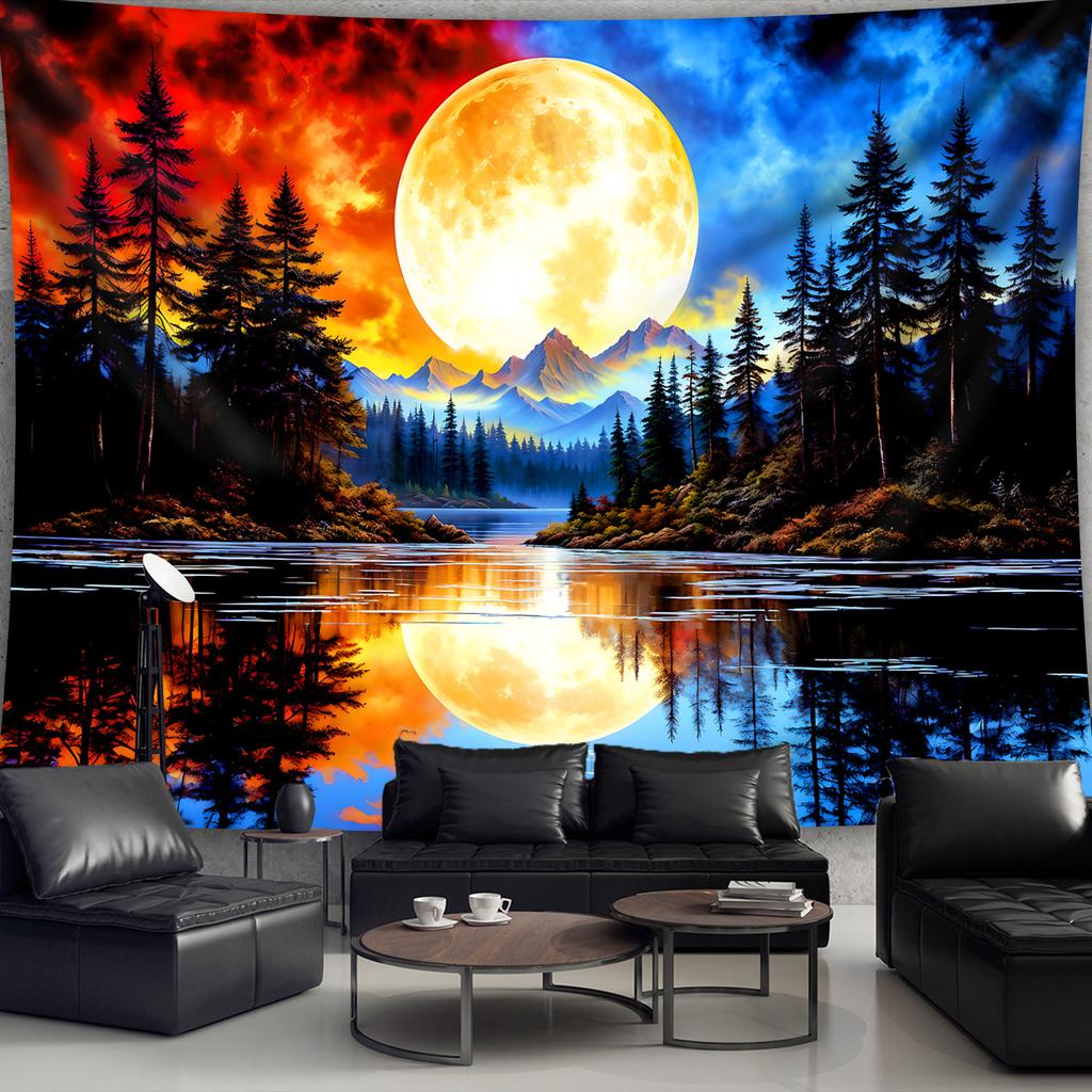 Giant Moon Tapestry Wall Hanging Forest Lake Landscape Wall Art Decor For Living Room Bedroom Background Fabric Poster
