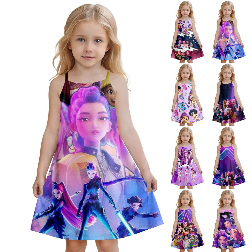 Girls Summer Sleeveless Dress Casual A-Line Dress Cartoon Print Sleeveless Dress Lightweight Soft Fabric Dress for Kids