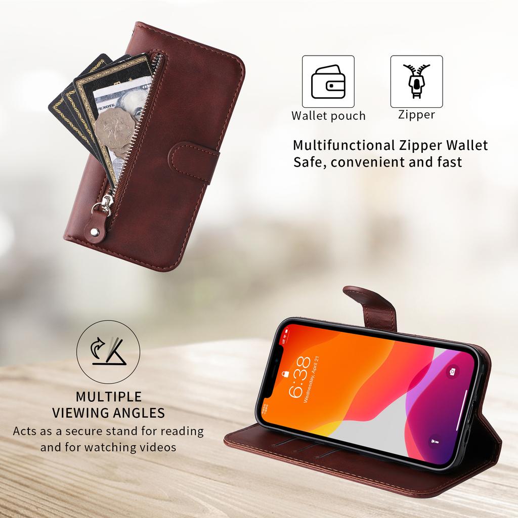 For iPhone 17 Pro PU Leather Cases with Zipper Pocket Wallet Phone Cover Stand