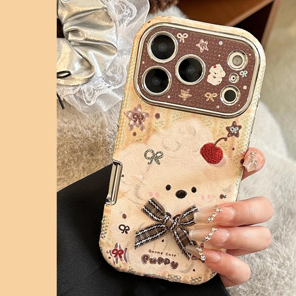 Gilded Bowknot Puppy Apple 17 Pro Max Phone Case for iPhone 16, suitable for 15 with hanging chain, 14 with leather texture, 12 set