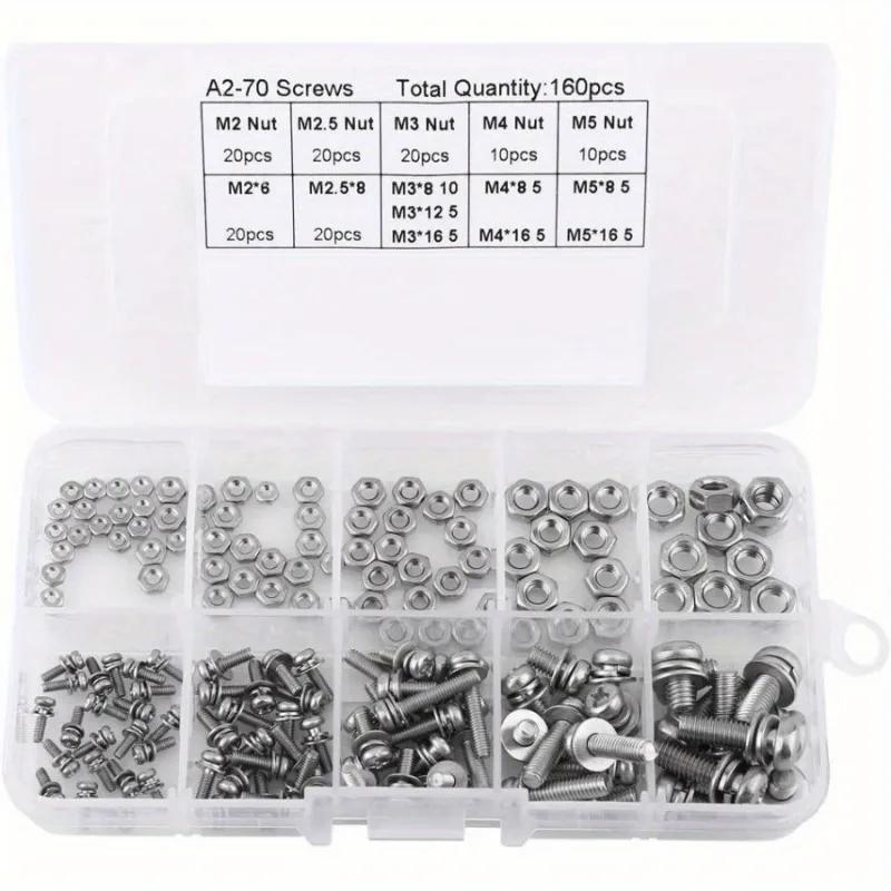 160PCS M2 M2.5 M3 M4 M5-304 Stainless Steel Cross Pan Head Combination Screw and Nut Set