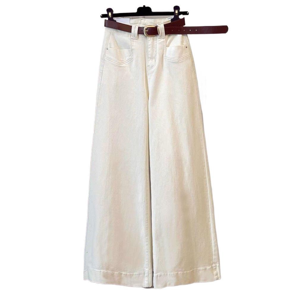 Off-White Plus Size Wide Waist Jeans, Floor Length, Loose Straight Leg, Bell Bottoms, Slimming Fit