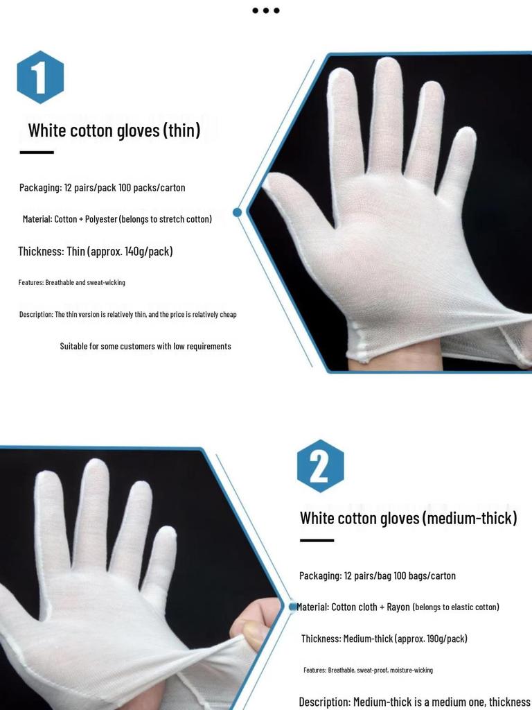 Pure Cotton Wear-Resistant Disposable White Gloves for Work and Etiquette