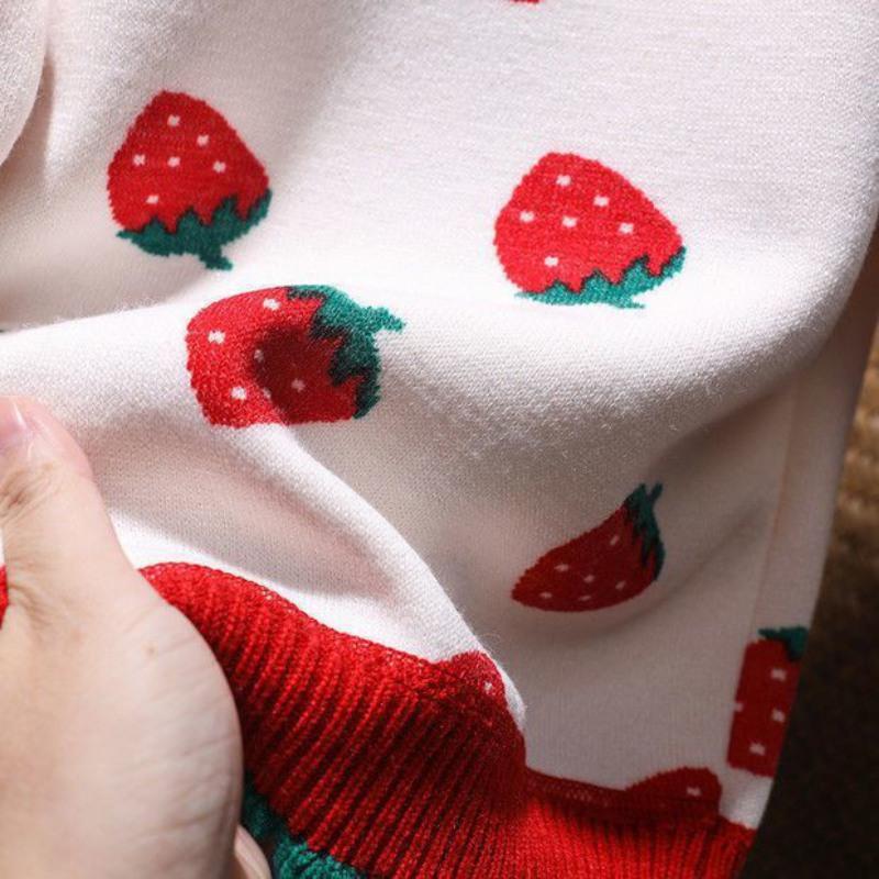 Girls Knitted Cardigan Button V-Neck Sweater With Cute Strawberry Jacquard Kids Long Sleeve Sweater