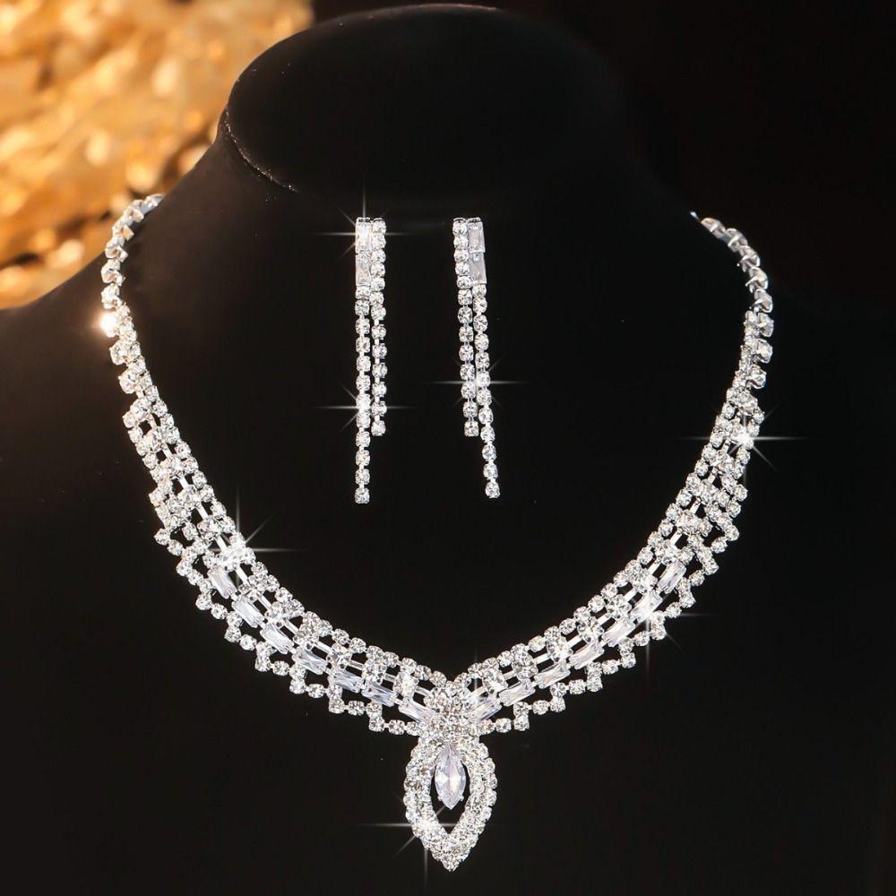 Zircon Bridal Jewelry Set Elegant Rhinestone Necklace Vintage Necklace Earring Set  Bridal