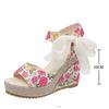 Fashion Elegant Flower Print Open Toe Sandal Women Fashion Bow Knot Super High Heel Sandals Woman Party Wedding New Wedge Sandal Female